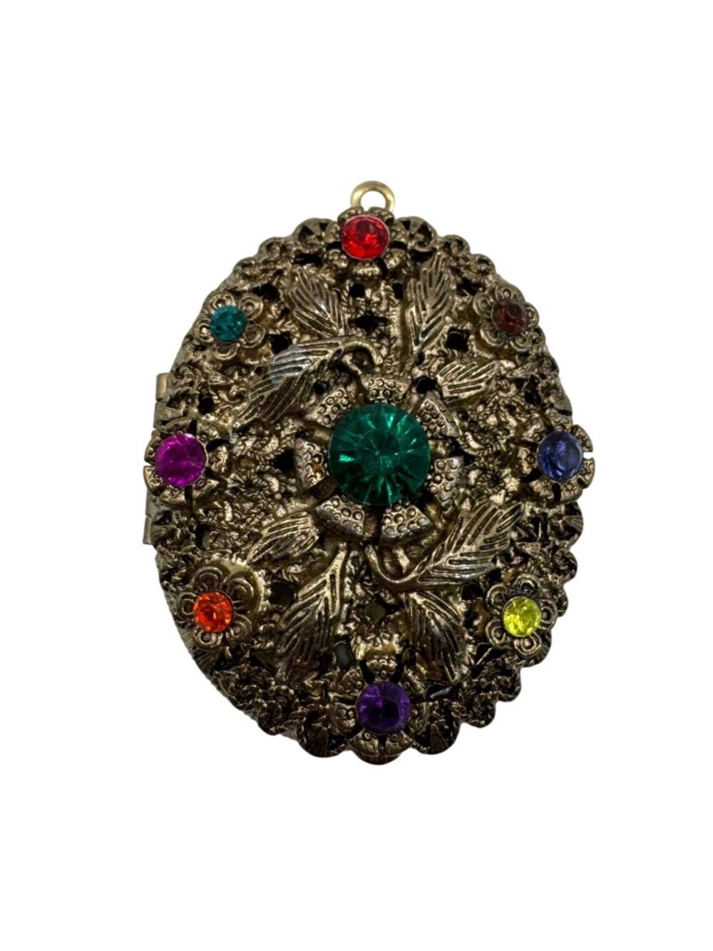 Vintage Large Locket Gold-Tone Filigree Oval Multicolor Rhinestones Art Deco